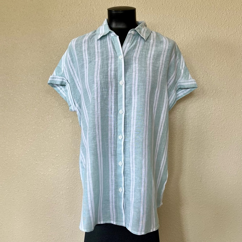 Green and White Striped Button Down Shirt Size S